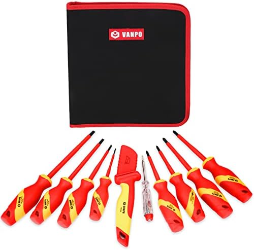 VANPO 1000V Insulated Screwdriver Set, 10 Pcs VDE Electrician Screwdriver Set with Magnetic Phillips & Slotted & Pozi Screwdriver, VDE Cable Knife, Voltage Tester, S2 Steel Blades' Safety Repair Tools